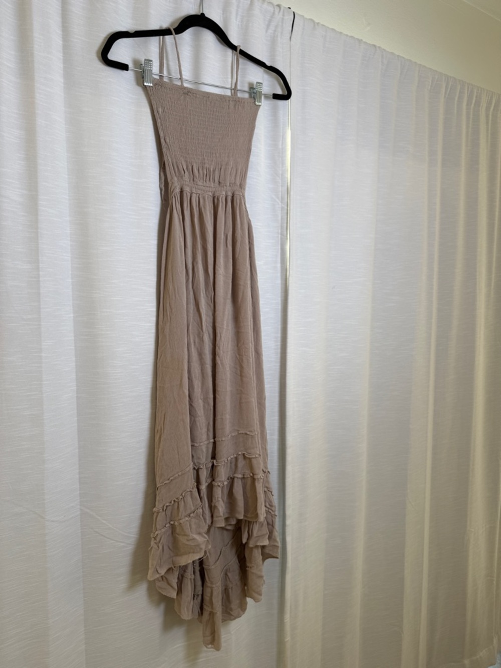 Beige Smocked Maxi Dress Boho Tiered Ruffle Strappy Back Flowy Summer | Size S - Picture 7 of 15